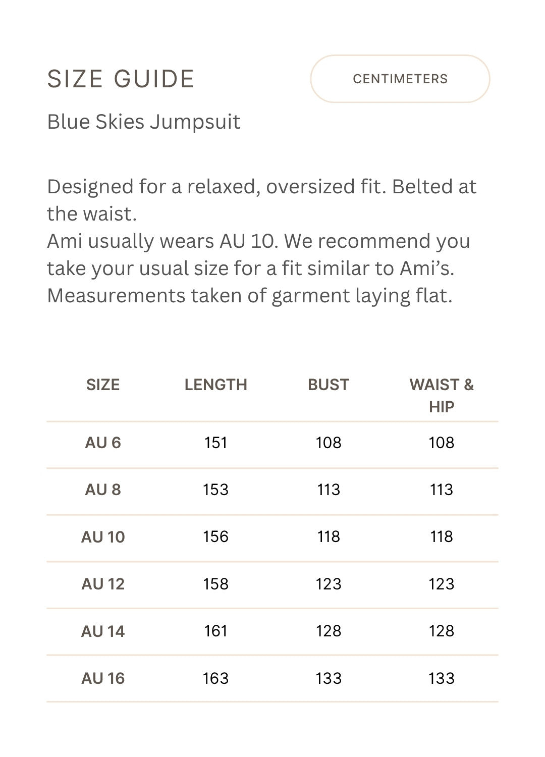 Size chart for Blue Skies Jumpsuit