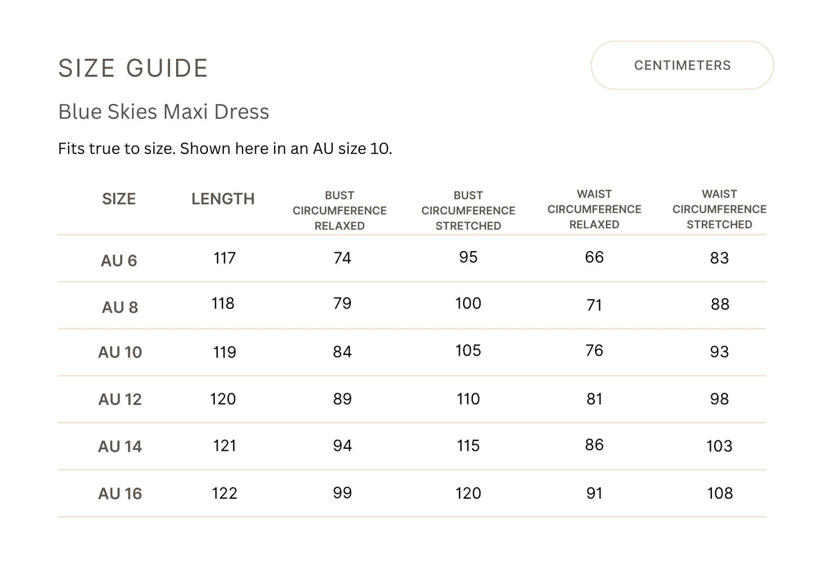 Size chart for Blue Skies Maxi Dress