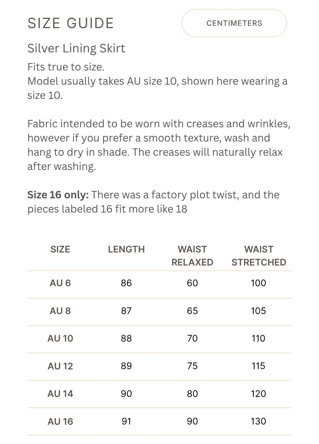 Size chart for Silver Lining Skirt